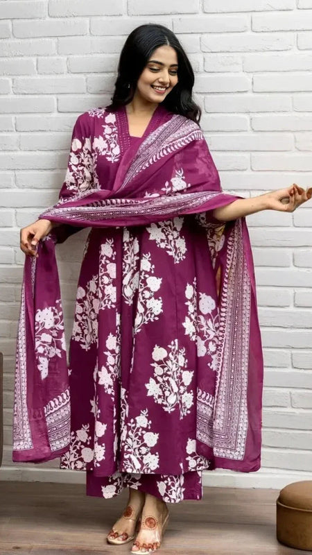 Ebbani Women’s Cotton Motifs Wine A-Line Kurta Set with Dupatta