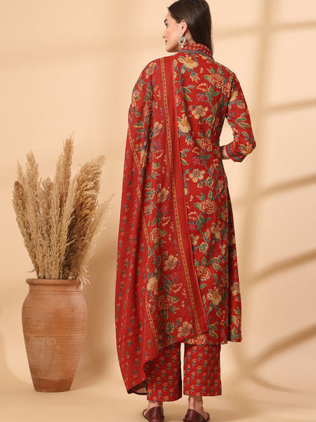 Ebbani Women’s Cotton Floral Red Kurta Set with Dupatta