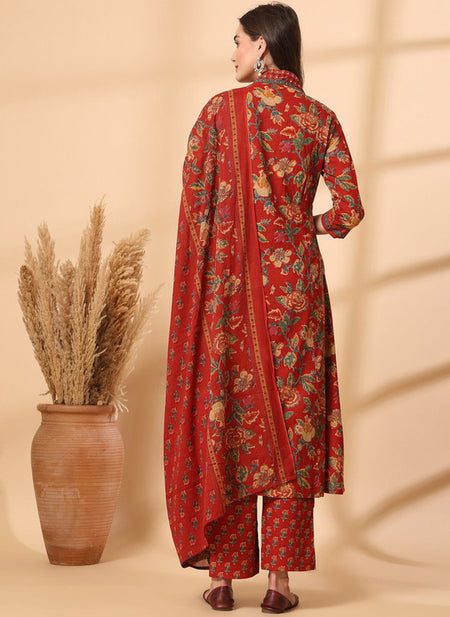 Ebbani Women’s Cotton Floral Red Kurta Set with Dupatta