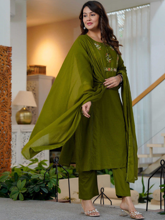 Ebbani Women’s Cotton Embroidered Green Round Neck Kurta Set with Dupatta