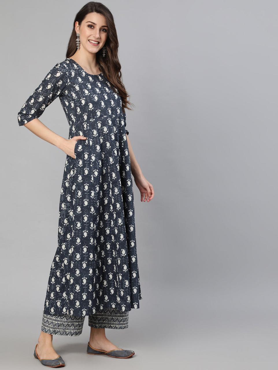 Ebbani Women’s Cotton Motifs Grey Anarkali Kurta Set with Dupatta