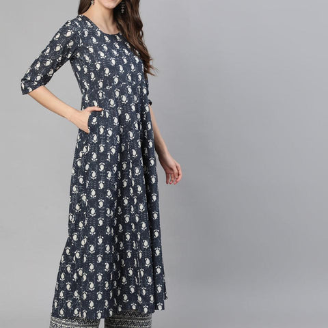Ebbani Women’s Cotton Motifs Grey Anarkali Kurta Set with Dupatta