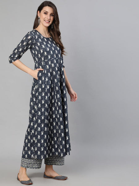 Ebbani Women’s Cotton Motifs Grey Anarkali Kurta Set with Dupatta
