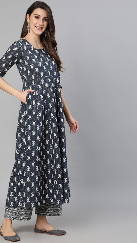 Ebbani Women’s Cotton Motifs Grey Anarkali Kurta Set with Dupatta