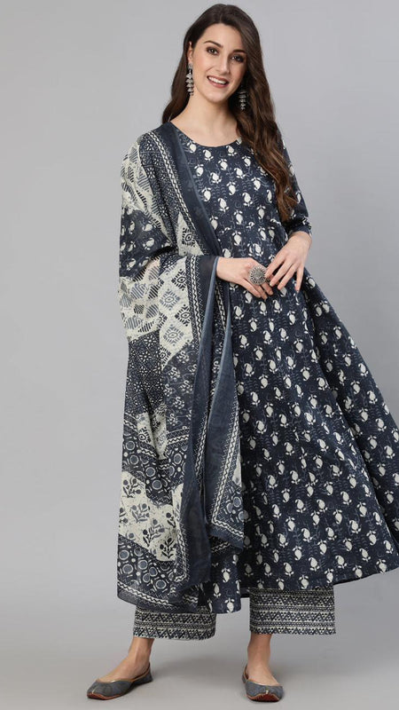 Ebbani Women’s Cotton Motifs Grey Anarkali Kurta Set with Dupatta