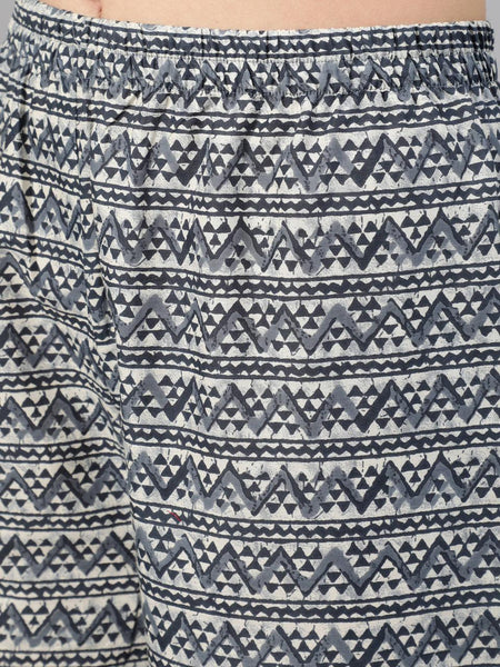 Ebbani Women’s Cotton Motifs Grey Anarkali Kurta Set with Dupatta