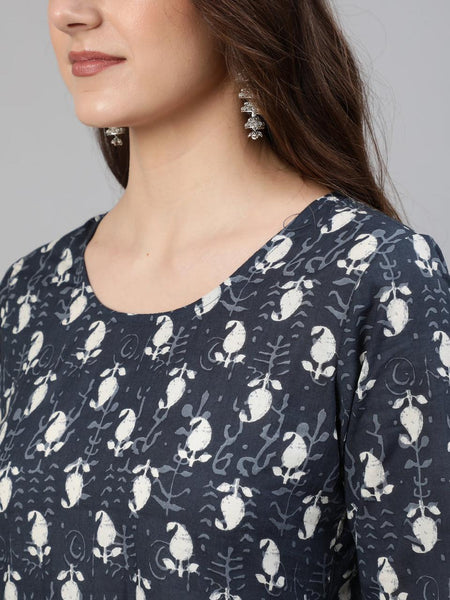 Ebbani Women’s Cotton Motifs Grey Anarkali Kurta Set with Dupatta