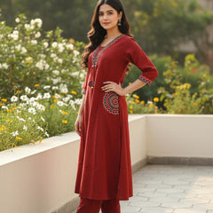 Ebbani Women’s Cotton Embroidered Maroon Kurta Set