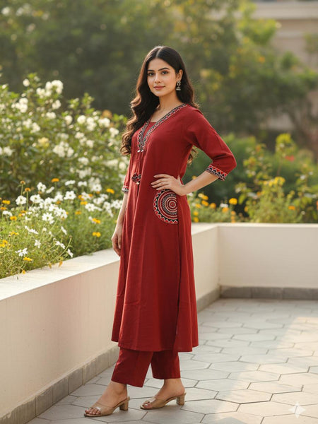 Ebbani Women’s Cotton Embroidered Maroon Kurta Set