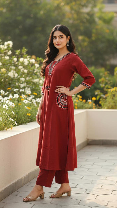 Ebbani Women’s Cotton Embroidered Maroon Kurta Set