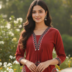 Ebbani Women’s Cotton Embroidered Maroon Kurta Set