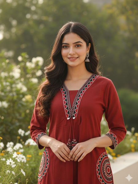 Ebbani Women’s Cotton Embroidered Maroon Kurta Set