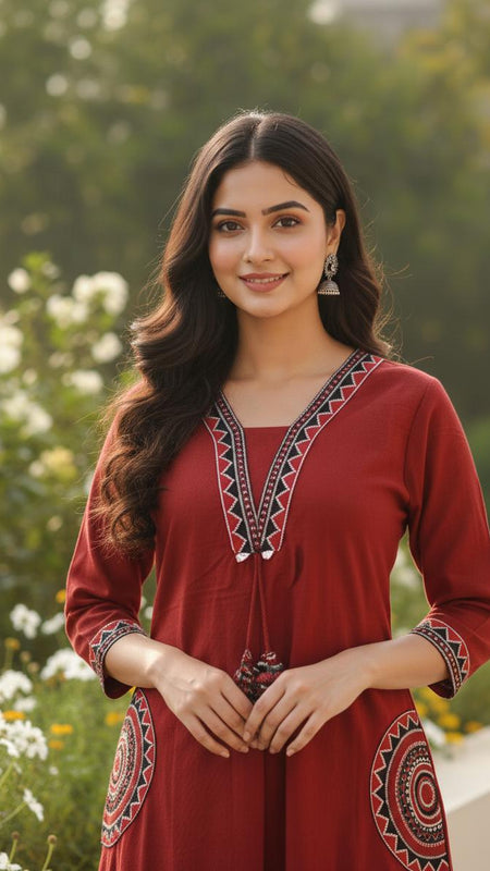 Ebbani Women’s Cotton Embroidered Maroon Kurta Set