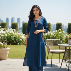 Ebbani Women’s Cotton Embroidered Teal Blue Kurta Set