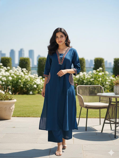 Ebbani Women’s Cotton Embroidered Teal Blue Kurta Set