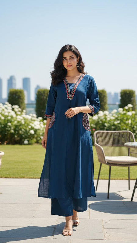 Ebbani Women’s Cotton Embroidered Teal Blue Kurta Set