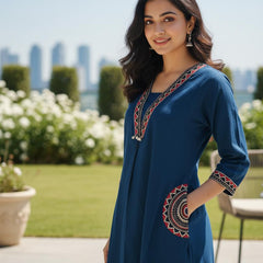 Ebbani Women’s Cotton Embroidered Teal Blue Kurta Set