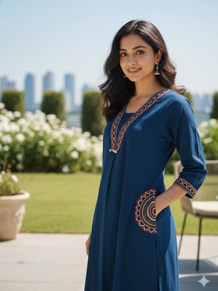 Ebbani Women’s Cotton Embroidered Teal Blue Kurta Set