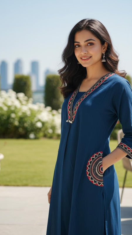 Ebbani Women’s Cotton Embroidered Teal Blue Kurta Set