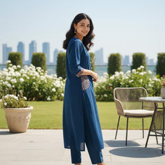 Ebbani Women’s Cotton Embroidered Teal Blue Kurta Set