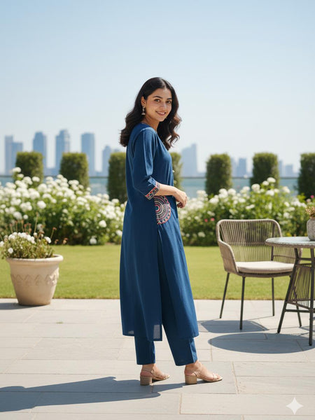 Ebbani Women’s Cotton Embroidered Teal Blue Kurta Set