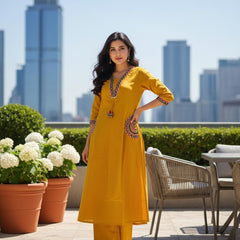 Ebbani Women’s Cotton Embroidered Mustard Kurta Set