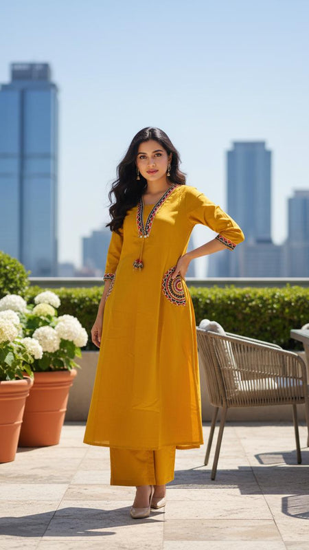 Ebbani Women’s Cotton Embroidered Mustard Kurta Set