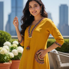 Ebbani Women’s Cotton Embroidered Mustard Kurta Set