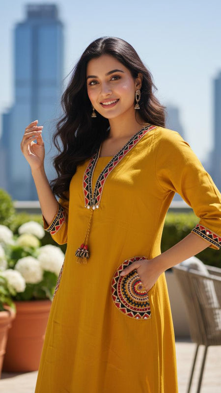 Ebbani Women’s Cotton Embroidered Mustard Kurta Set