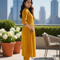 Ebbani Women’s Cotton Embroidered Mustard Kurta Set