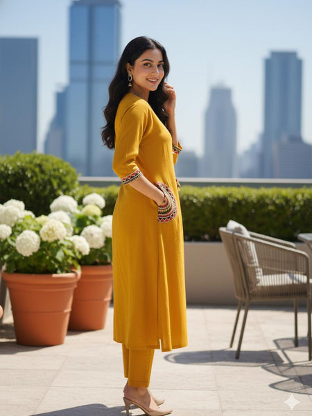 Ebbani Women’s Cotton Embroidered Mustard Kurta Set