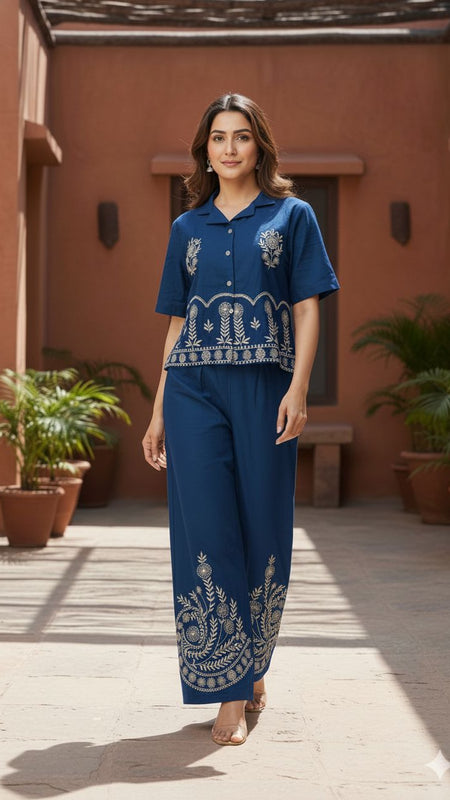 Ebbani Women’s Cotton Emboidered Teal Blue Co-ords Set