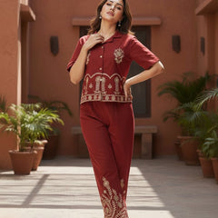 Ebbani Women’s Cotton Emboidered Maroon Co-ords Set