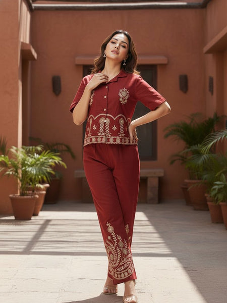 Ebbani Women’s Cotton Emboidered Maroon Co-ords Set