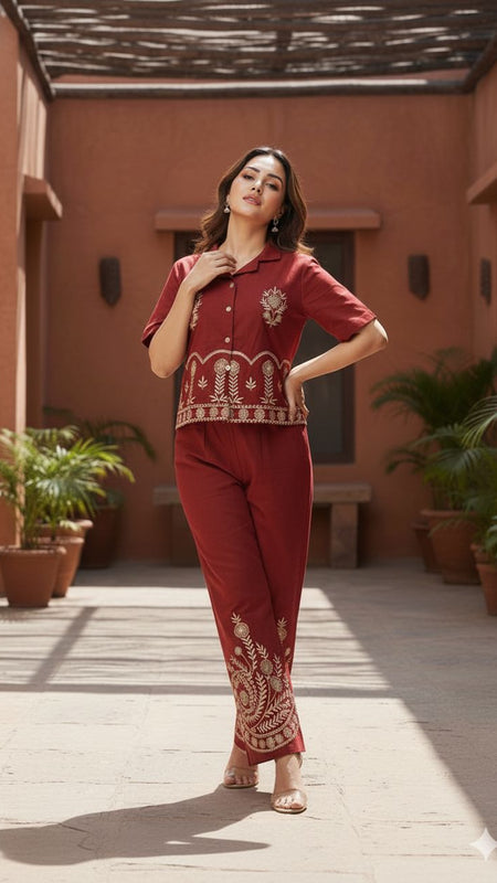 Ebbani Women’s Cotton Emboidered Maroon Co-ords Set