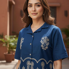 Ebbani Women’s Cotton Emboidered Teal Blue Co-ords Set