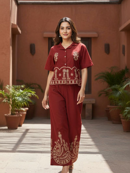 Ebbani Women’s Cotton Emboidered Maroon Co-ords Set