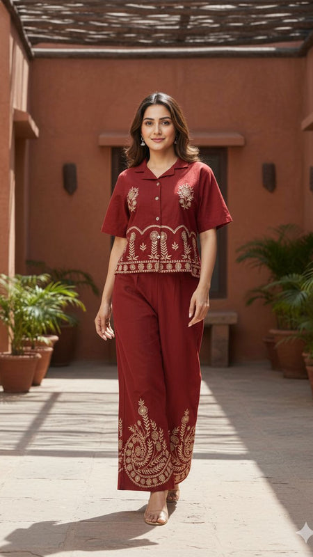 Ebbani Women’s Cotton Emboidered Maroon Co-ords Set