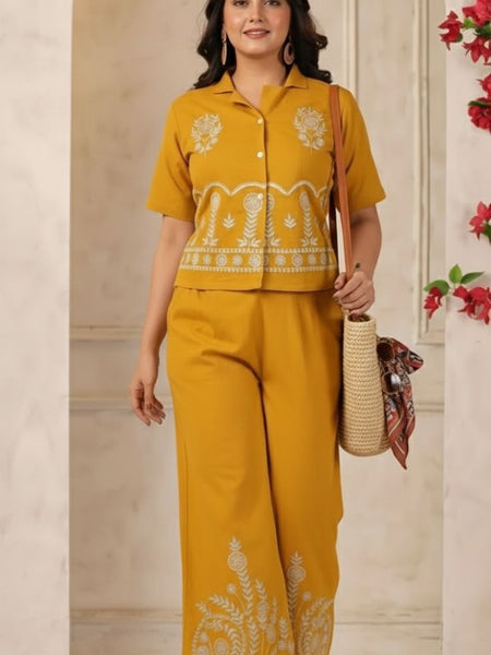 Ebbani Women’s Cotton Emboidered Musturd Co-ords Set