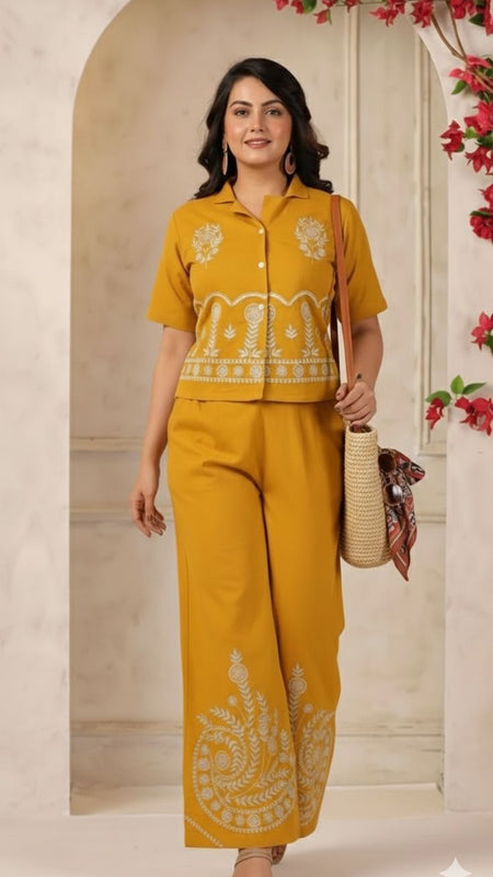 Ebbani Women’s Cotton Emboidered Musturd Co-ords Set