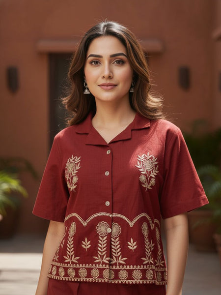 Ebbani Women’s Cotton Emboidered Maroon Co-ords Set