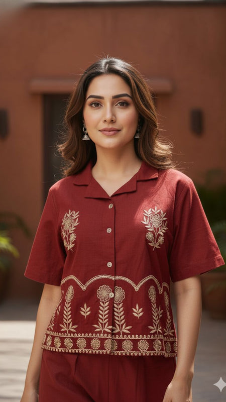 Ebbani Women’s Cotton Emboidered Maroon Co-ords Set