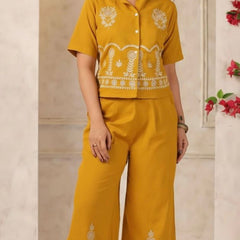 Ebbani Women’s Cotton Emboidered Musturd Co-ords Set