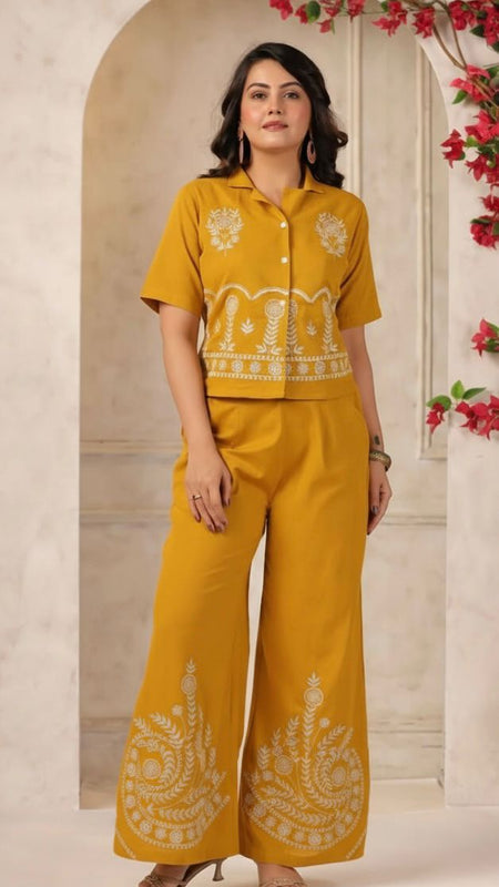 Ebbani Women’s Cotton Emboidered Musturd Co-ords Set