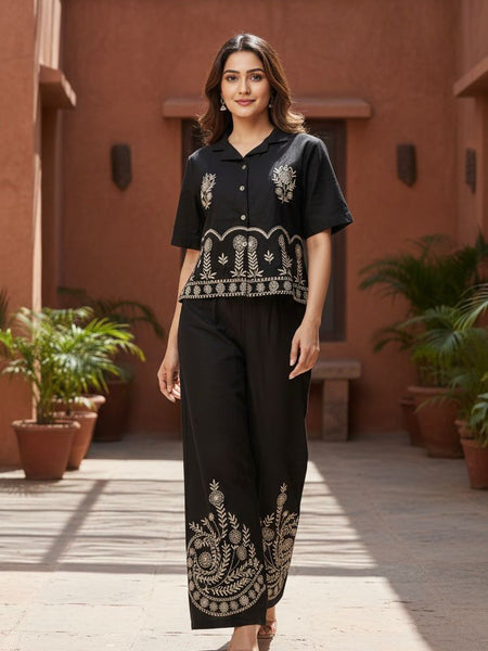 Ebbani Women’s Cotton Emboidered Black Co-ords Set