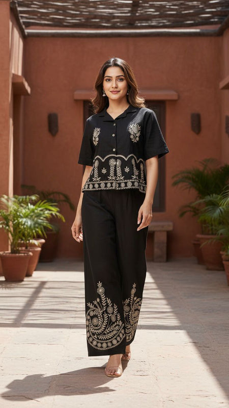 Ebbani Women’s Cotton Emboidered Black Co-ords Set