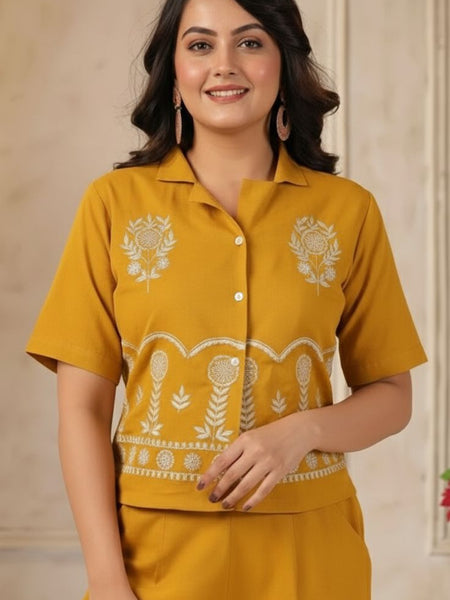 Ebbani Women’s Cotton Emboidered Musturd Co-ords Set