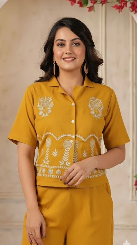 Ebbani Women’s Cotton Emboidered Musturd Co-ords Set