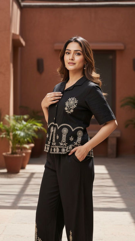 Ebbani Women’s Cotton Emboidered Black Co-ords Set