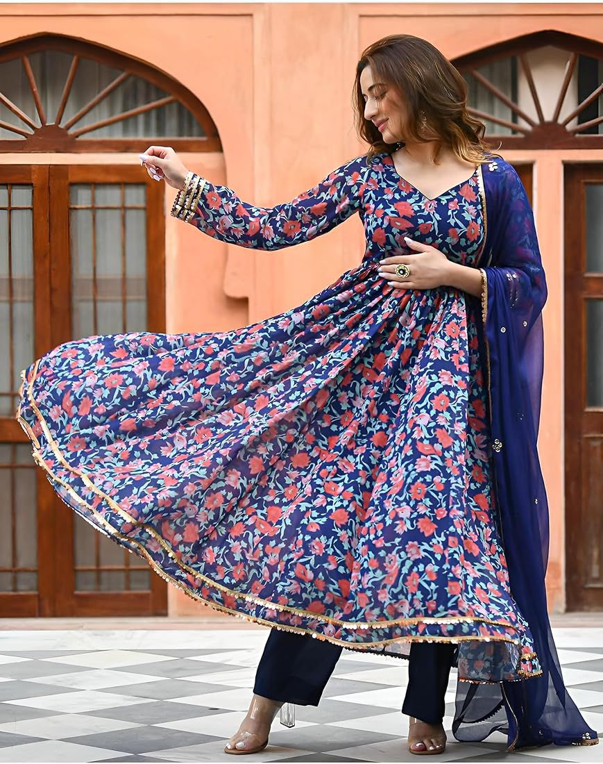 Ebbani Women’s Viscose Floral Blue Anarkali Kurta Set with Dupatta